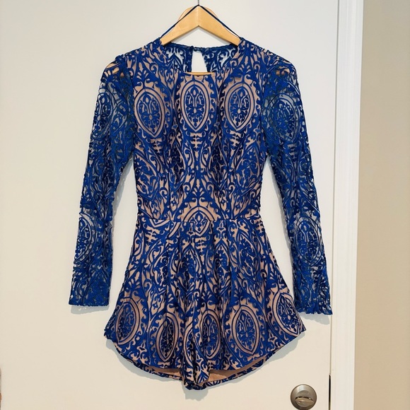 Lace blue/brown lined Backless Shorts Jumpsuit size XS-S - Picture 5 of 16